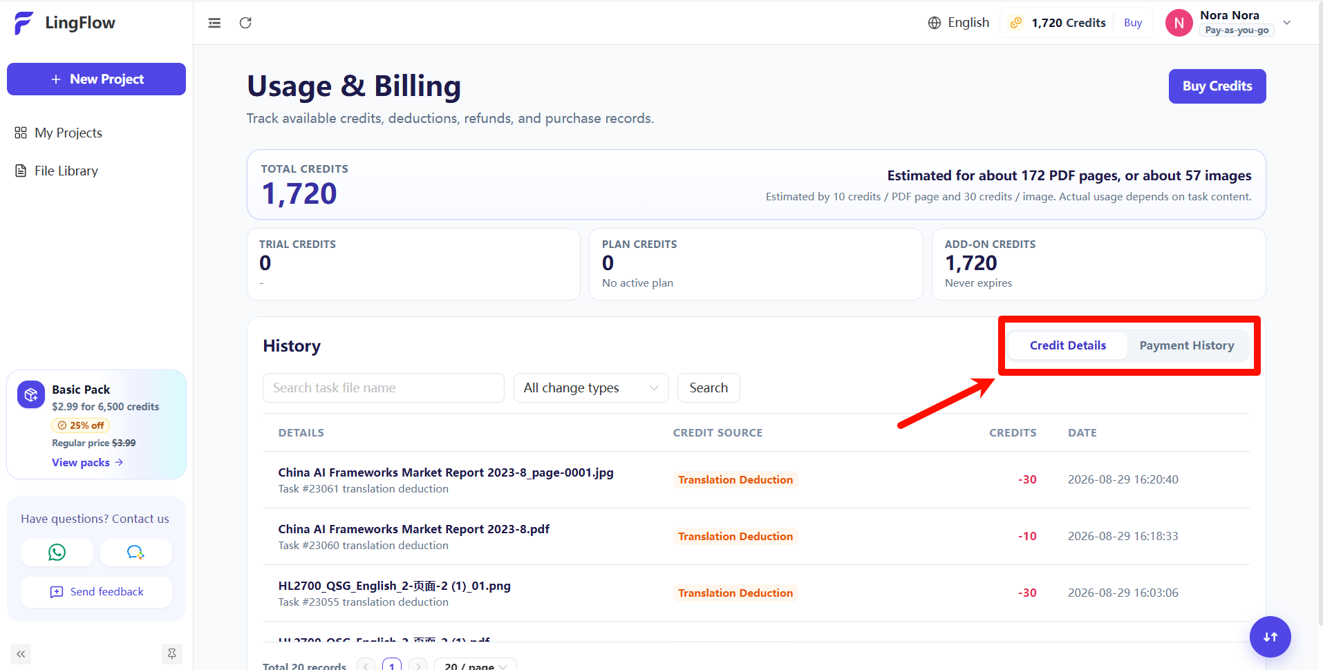 Switch between Credit Details and Payment History