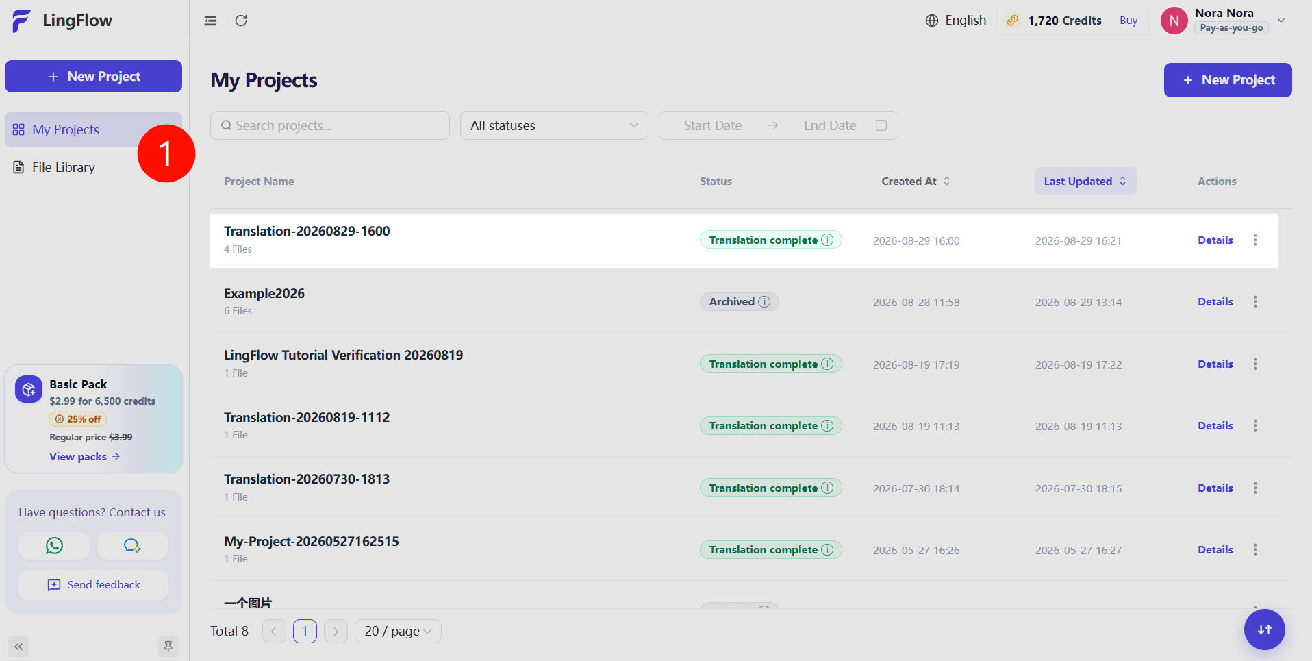 Open My Projects and select the project to archive