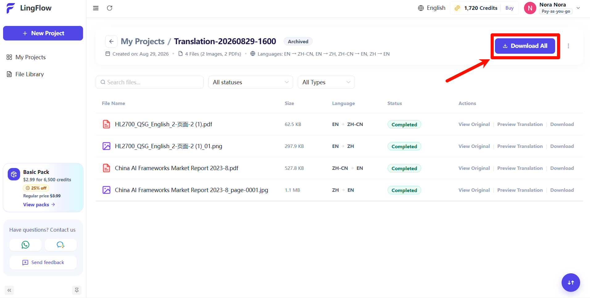 Click Download All to download all translated files in the archived project