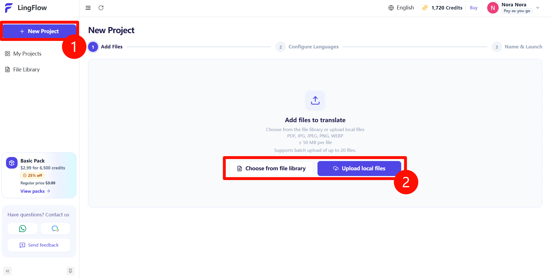 Click New Project, then choose a file from the File Library or upload a local file