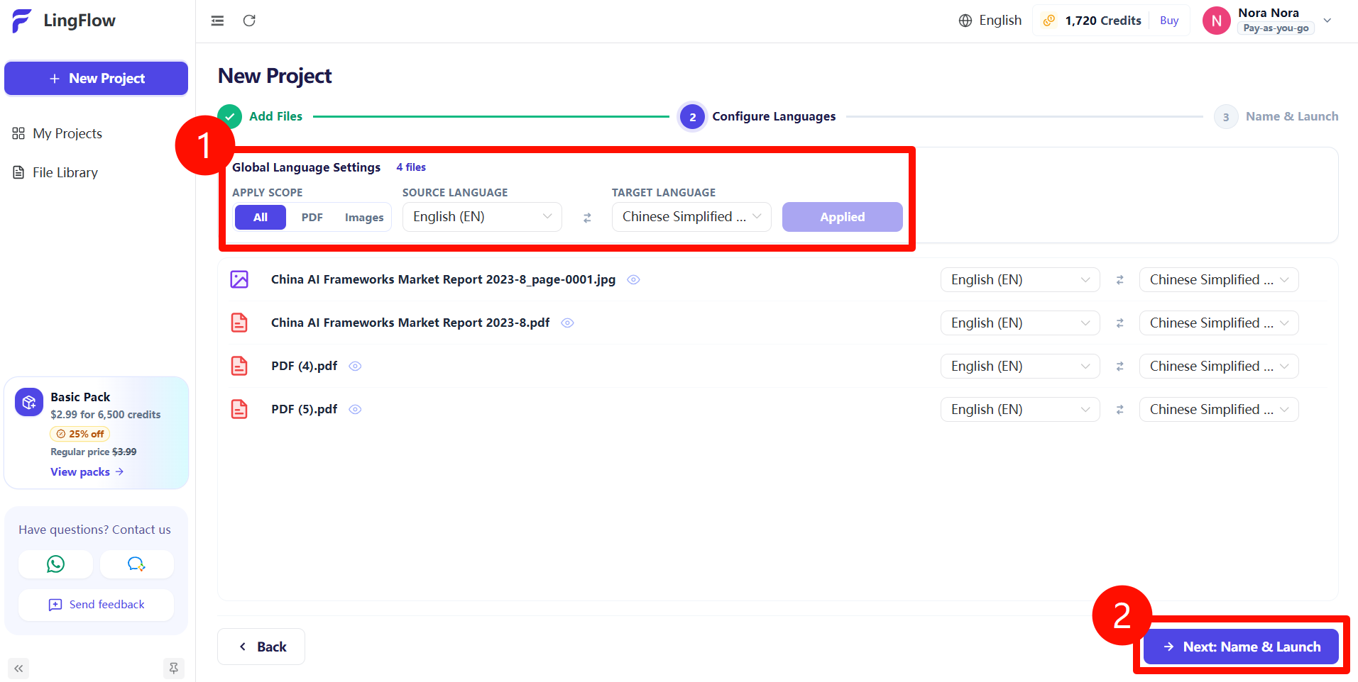Set the source and target languages, then continue to Name & Launch