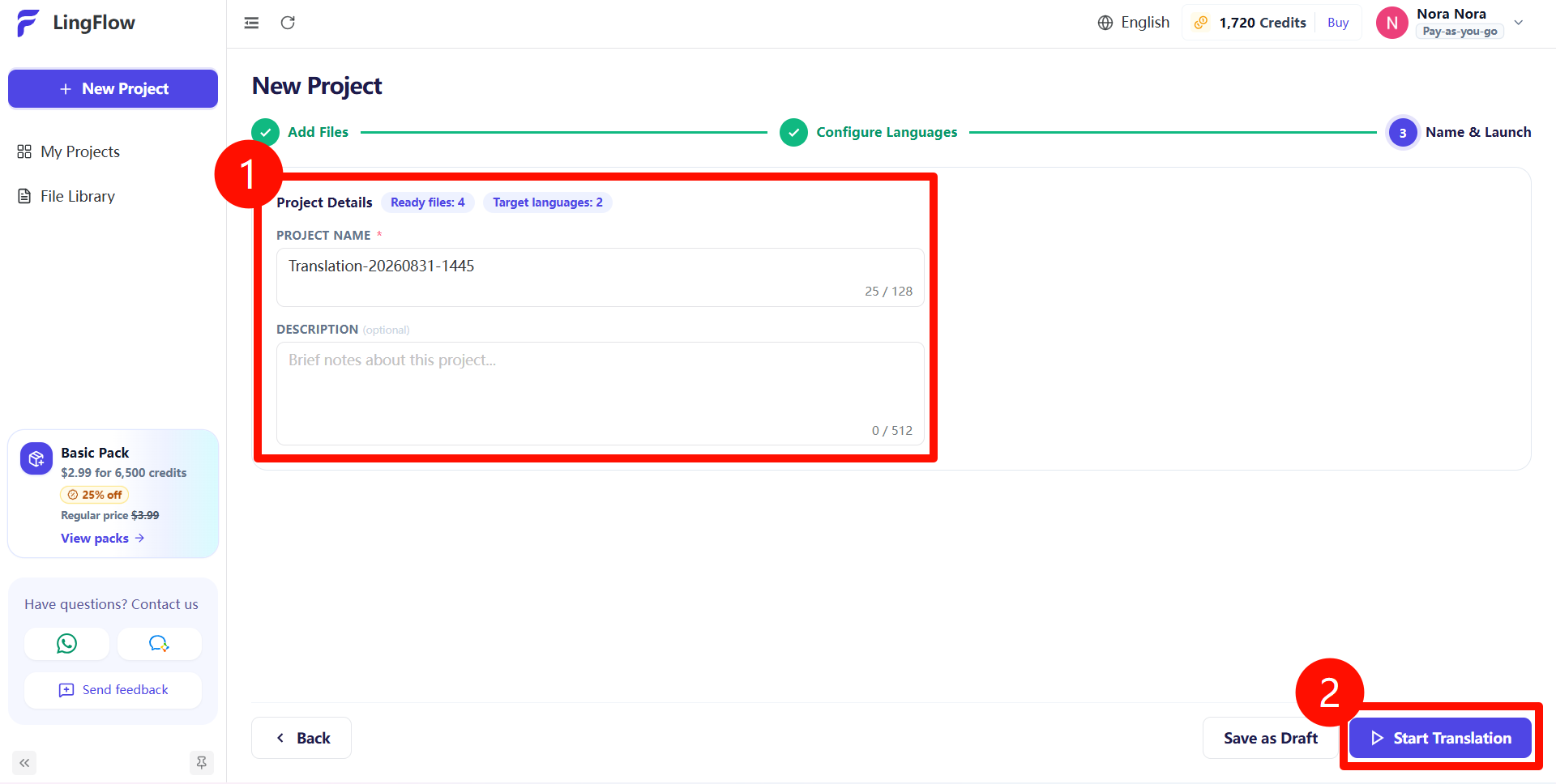 Enter a project name, then start the translation